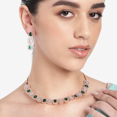 Estele Rose Gold Plated CZ Elegant Neklace Set with Green Stones for Women