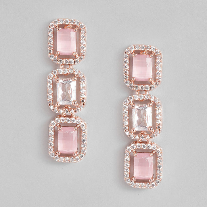 Estele Rose Gold Plated CZ Elegant Square Designer Drop Earrings with Mint Pink Stones for Women