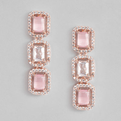 Estele Rose Gold Plated CZ Elegant Square Designer Drop Earrings with Mint Pink Stones for Women