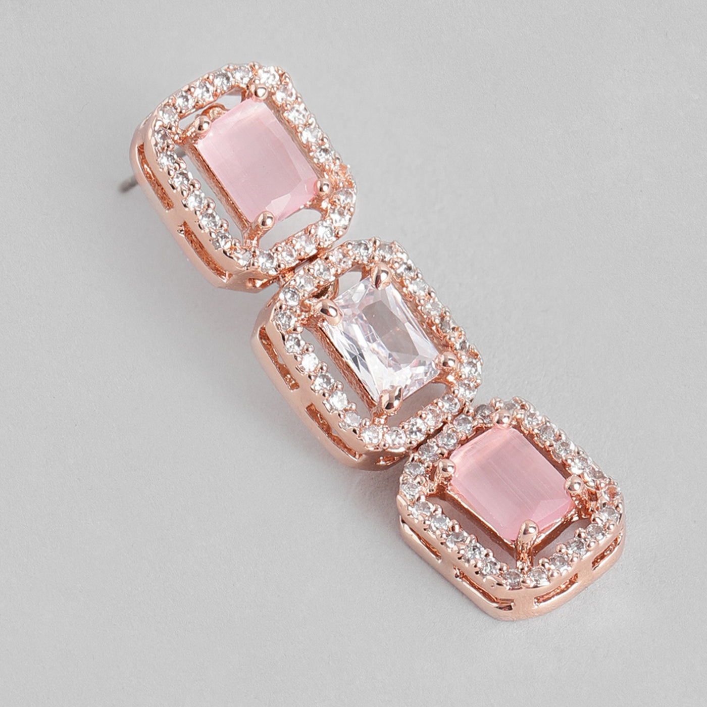 Estele Rose Gold Plated CZ Elegant Square Designer Drop Earrings with Mint Pink Stones for Women