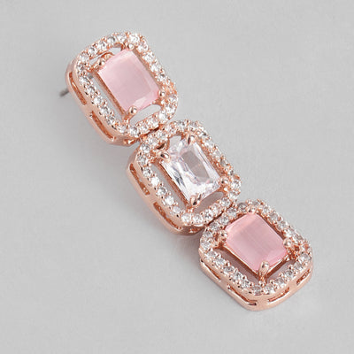 Estele Rose Gold Plated CZ Elegant Square Designer Drop Earrings with Mint Pink Stones for Women