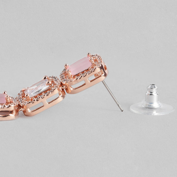 Estele Rose Gold Plated CZ Elegant Square Designer Drop Earrings with Mint Pink Stones for Women