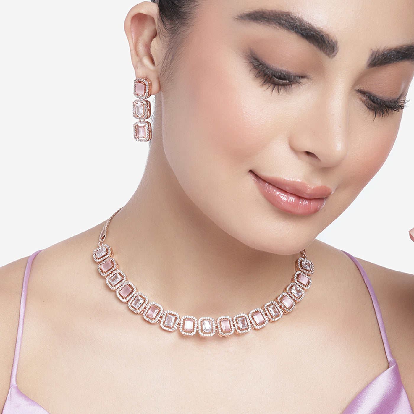 Estele Rose Gold Plated CZ Elegant Necklace Set with Mint Pink Stones for Women