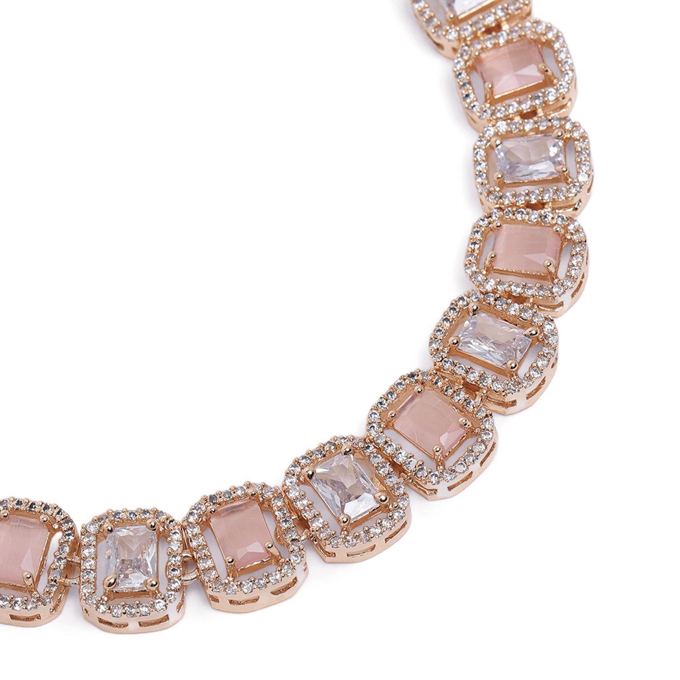 Estele Rose Gold Plated CZ Elegant Necklace Set with Mint Pink Stones for Women