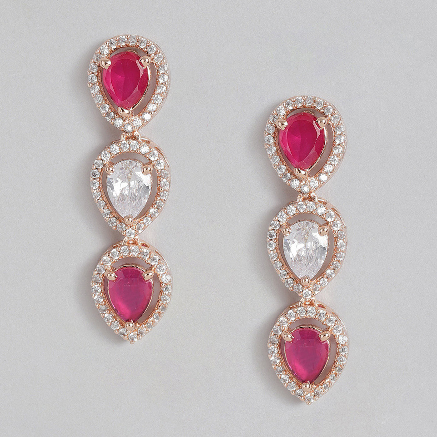 Estele Rose Gold Plated CZ Drop Designer Earrings with Ruby Stones for Women