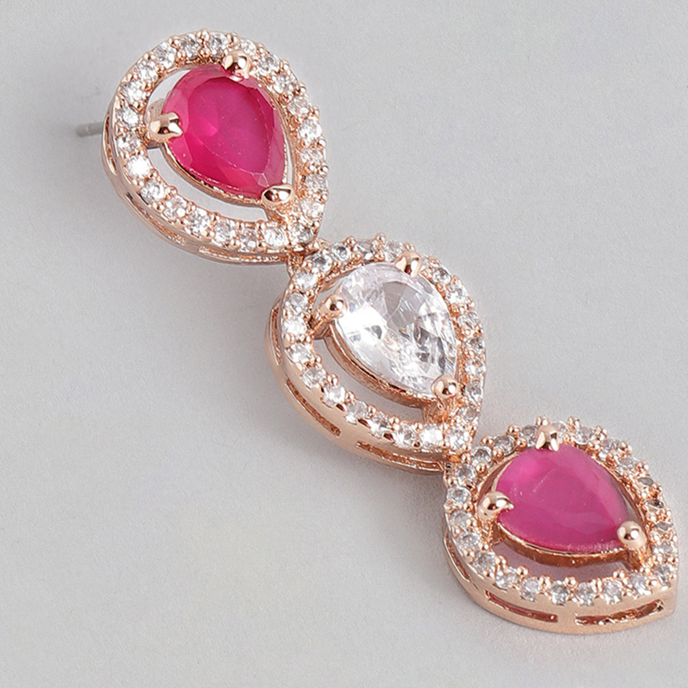 Estele Rose Gold Plated CZ Drop Designer Earrings with Ruby Stones for Women