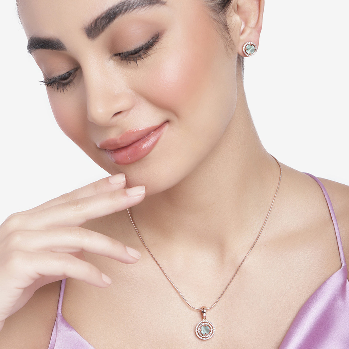 Estele Rose gold Plated CZ Circular Designer Pendant Set with Mint Green Stones for Girls & Women