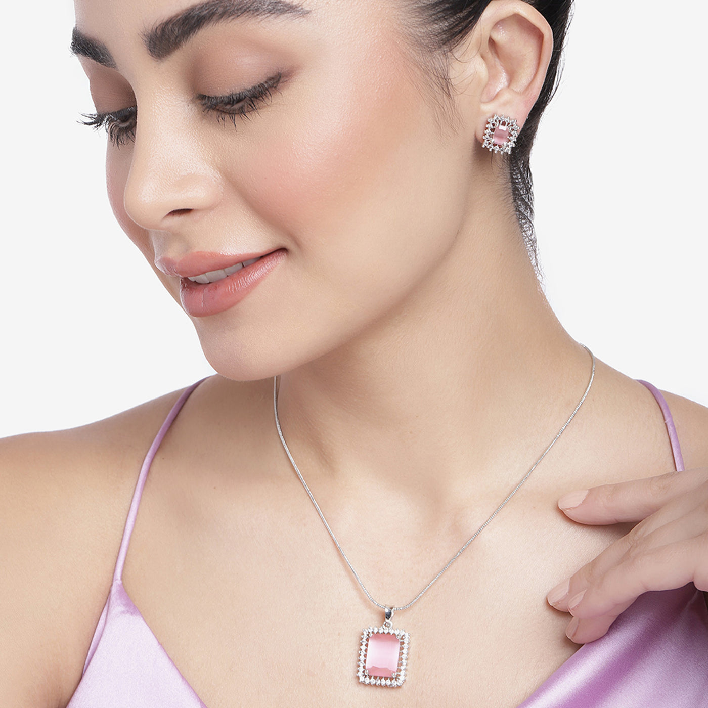 Estele Rhodium Plated CZ Square Designer Pendant Set with Mint Pink for Women