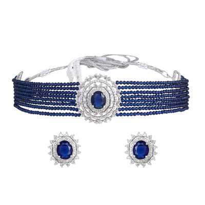 Estele Rhodium Plated Twinkling White American Diamond with Multi-Layered Blue Beads Choker Necklace Set with Earrings for Girls and Women