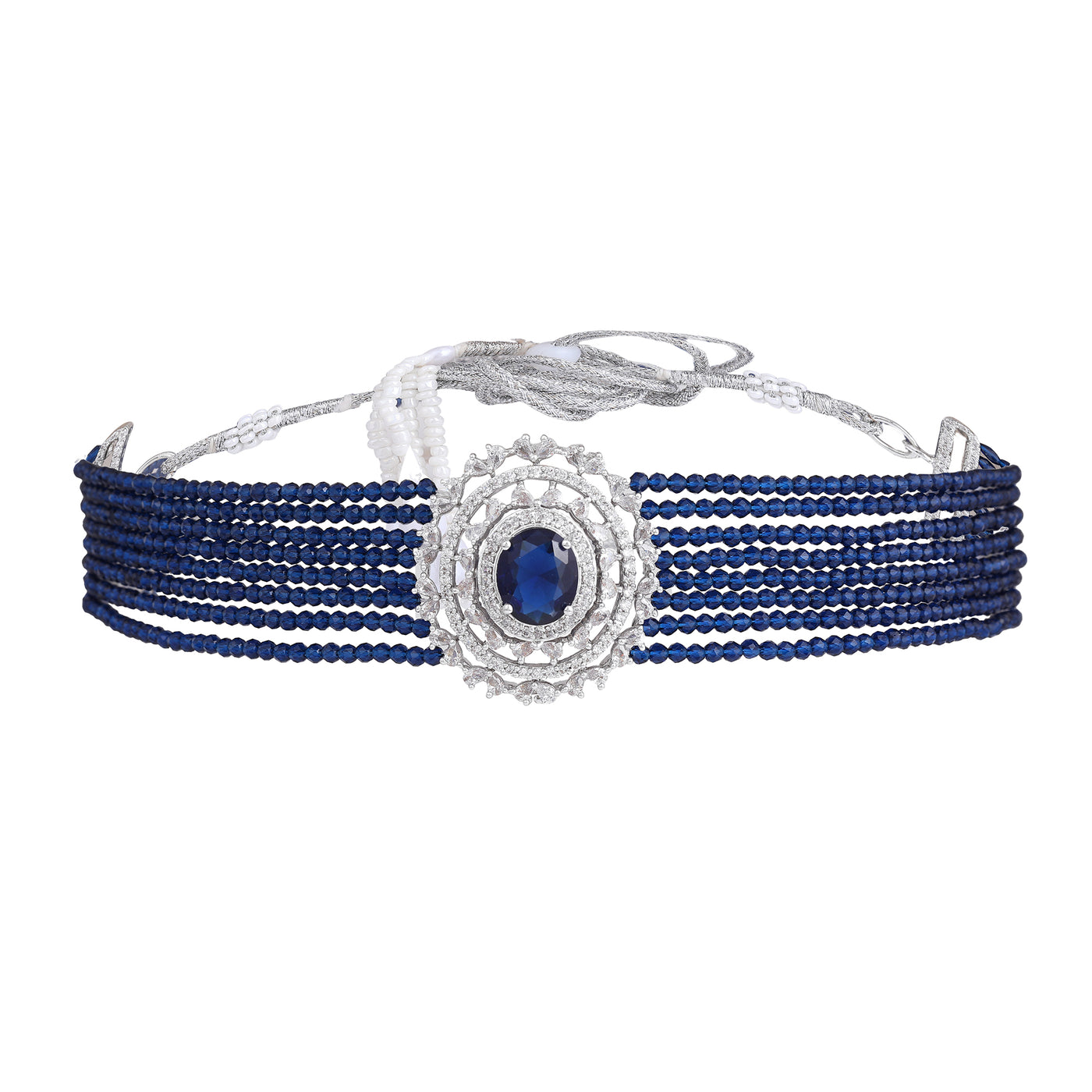 Estele Rhodium Plated Twinkling White American Diamond with Multi-Layered Blue Beads Choker Necklace Set with Earrings