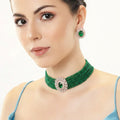 Estele Rosegold Plated Scintillating White American Diamond with Multi-Layered Green Beads Choker Necklace Set with Earrings for Girls and Women