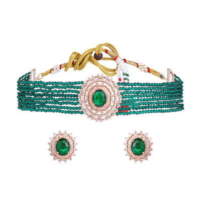 Estele Rosegold Plated Scintillating White American Diamond with Multi-Layered Green Beads Choker Necklace Set with Earrings for Girls and Women