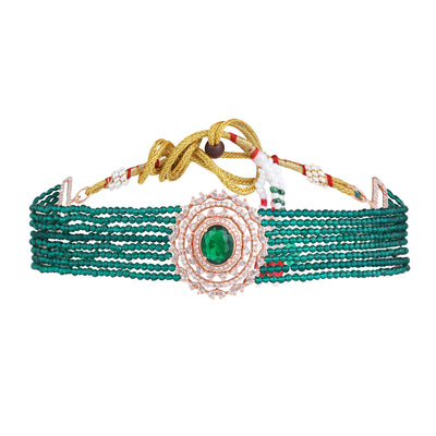 Estele Rosegold Plated Scintillating White American Diamond with Multi-Layered Green Beads Choker Necklace Set with Earrings for Girls and Women