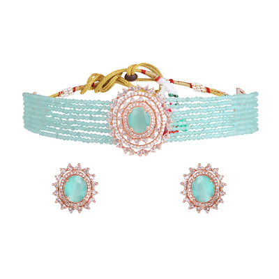 Estele Rosegold Plated Dazzling White American Diamond with Multi-Layered Mint Green Beads Choker Necklace Set with Earrings for Girls and Women