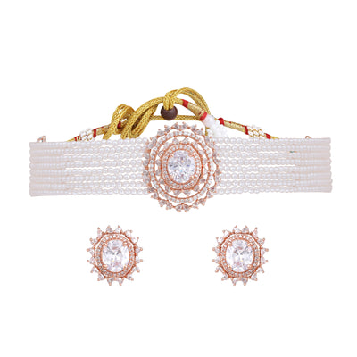 Estele Rosegold Plated Gleaming White American Diamond with Multi-Layered White Pearls Choker Necklace Set with Earrings