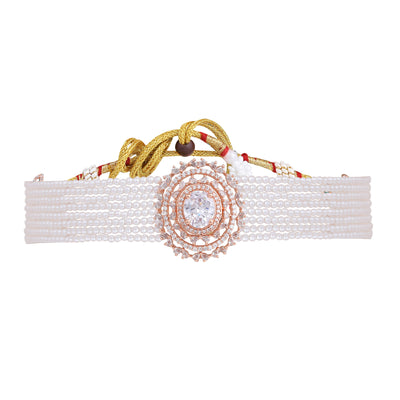 Estele Rosegold Plated Gleaming White American Diamond with Multi-Layered White Pearls Choker Necklace Set with Earrings