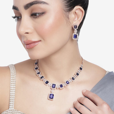 Estele Rose Gold Plated CZ Shimmering Square Designer Necklace Set with Blue Stones for Women