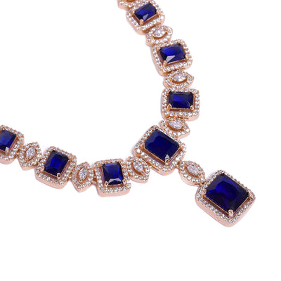 Estele Rose Gold Plated CZ Shimmering Square Designer Necklace Set with Blue Stones for Women