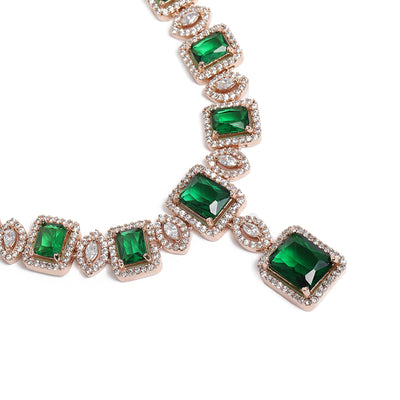 Estele Rose Gold Plated CZ Shimmering Square Designer Necklace Set with Green Stones for Women