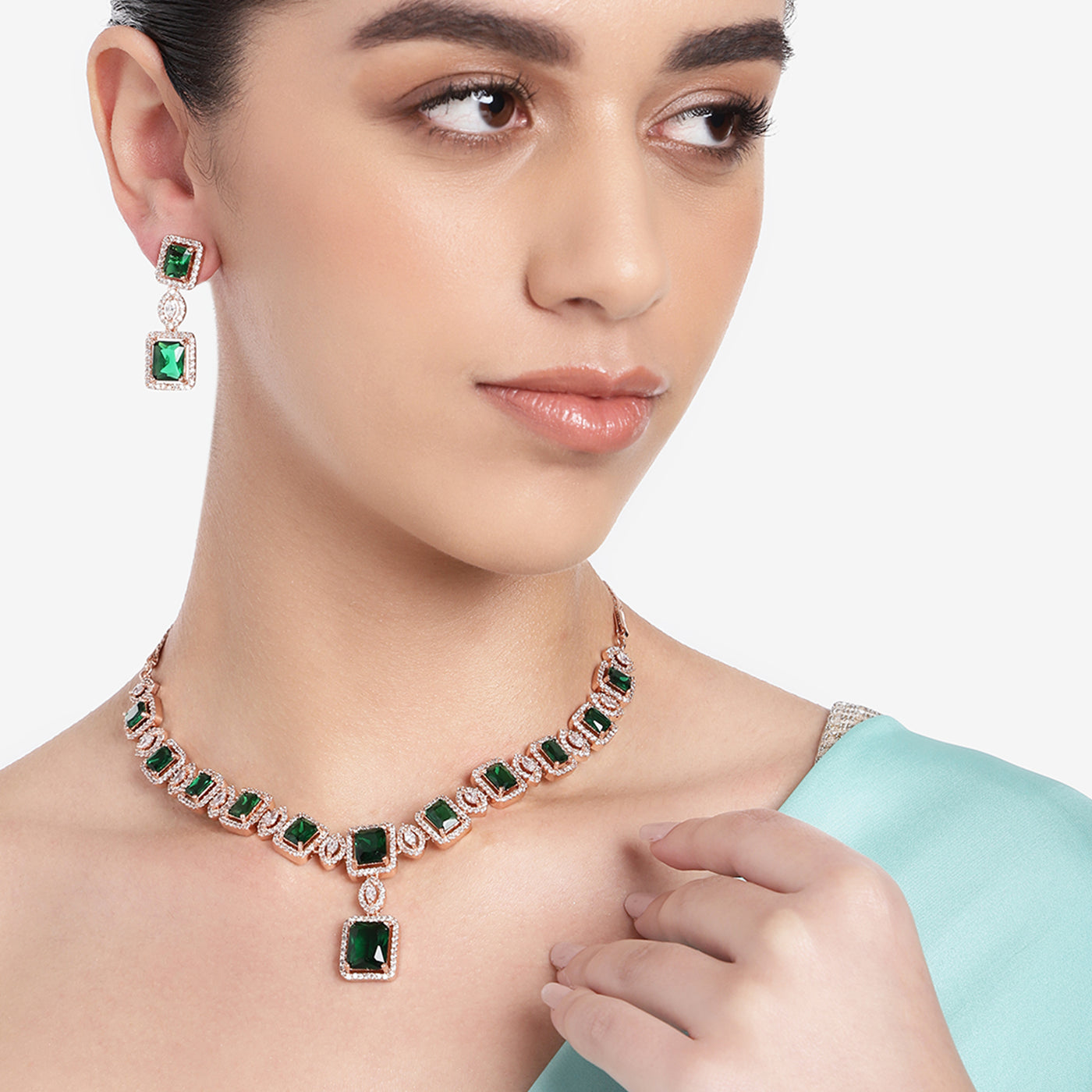 Estele Rose Gold Plated CZ Shimmering Square Designer Necklace Set with Green Stones for Women