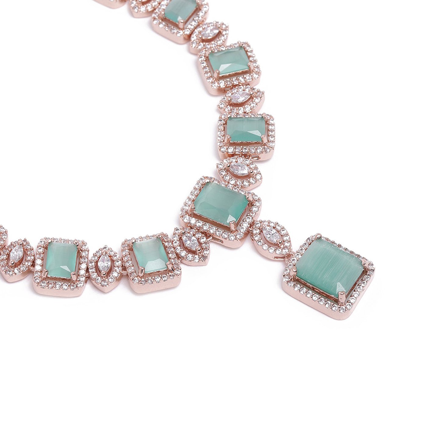 Estele Rose Gold Plated CZ Shimmering Square Designer Necklace Set with Mint Green Stones for Women