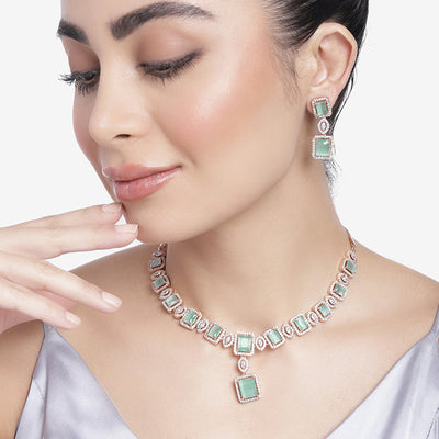 Estele Rose Gold Plated CZ Shimmering Square Designer Necklace Set with Mint Green Stones for Women