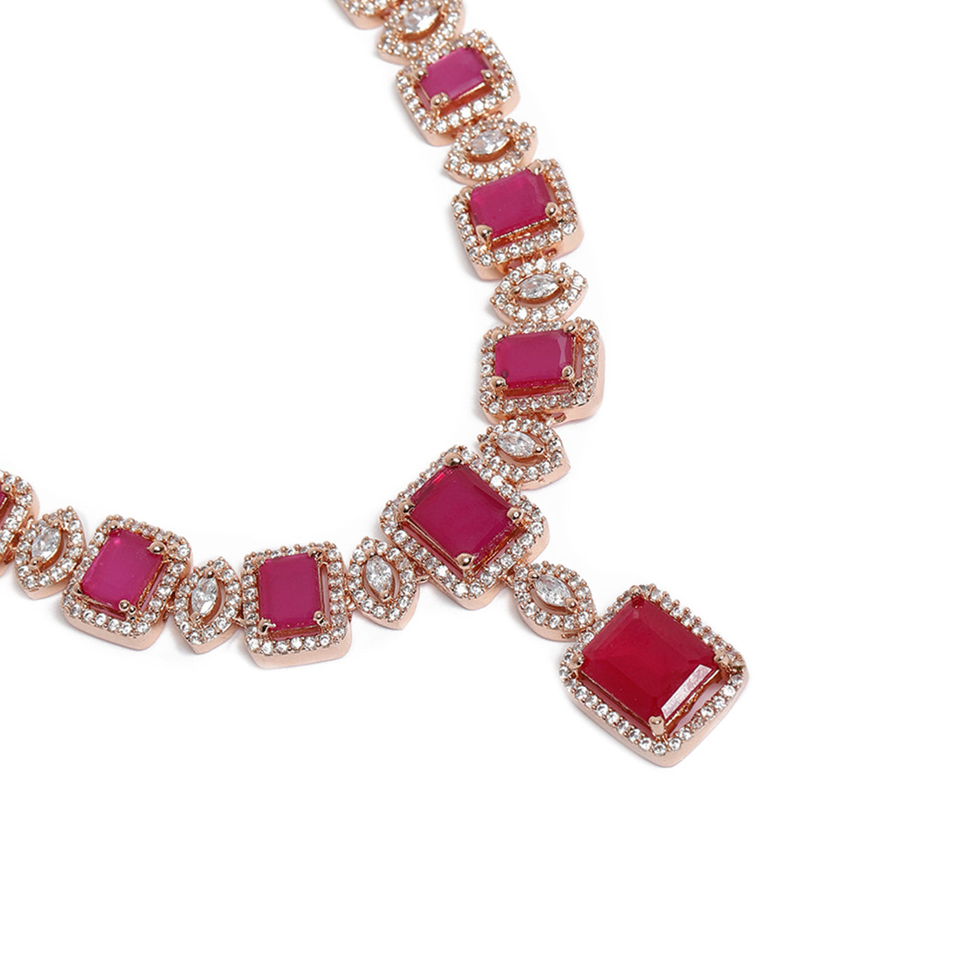 Estele Rose Gold Plated CZ Shimmering Square Designer Necklace Set with Ruby Stones for Women