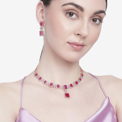 Estele Rose Gold Plated CZ Shimmering Square Designer Necklace Set with Ruby Stones for Women