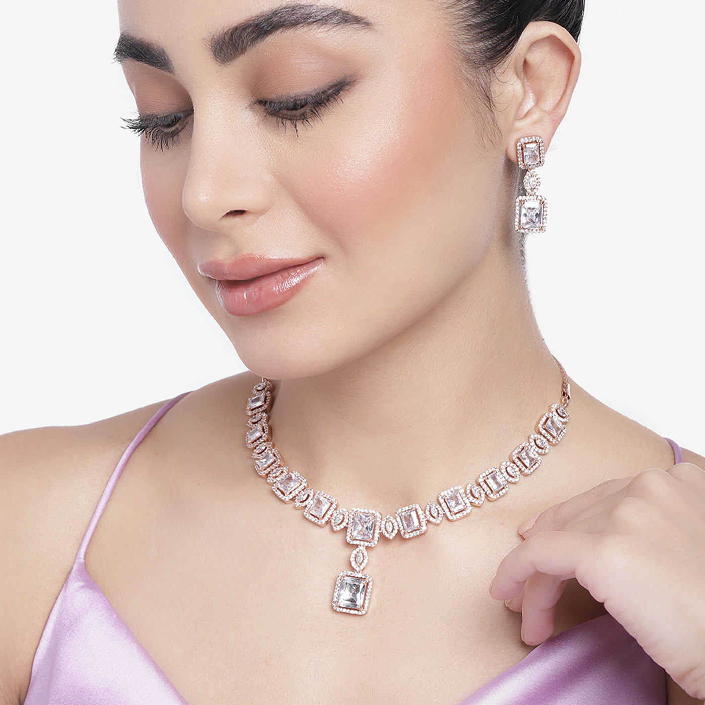 Estele Rose Gold Plated CZ Shimmering Square Designer Necklace Set with White Stones for Women