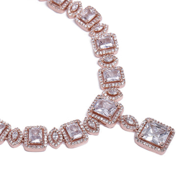 Estele Rose Gold Plated CZ Shimmering Square Designer Necklace Set with White Stones for Women