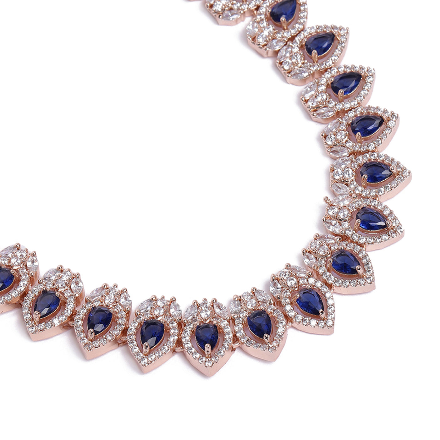 Estele Rose Gold Plated CZ Classic Pear Designer Necklace Set with Blue Stones for Women