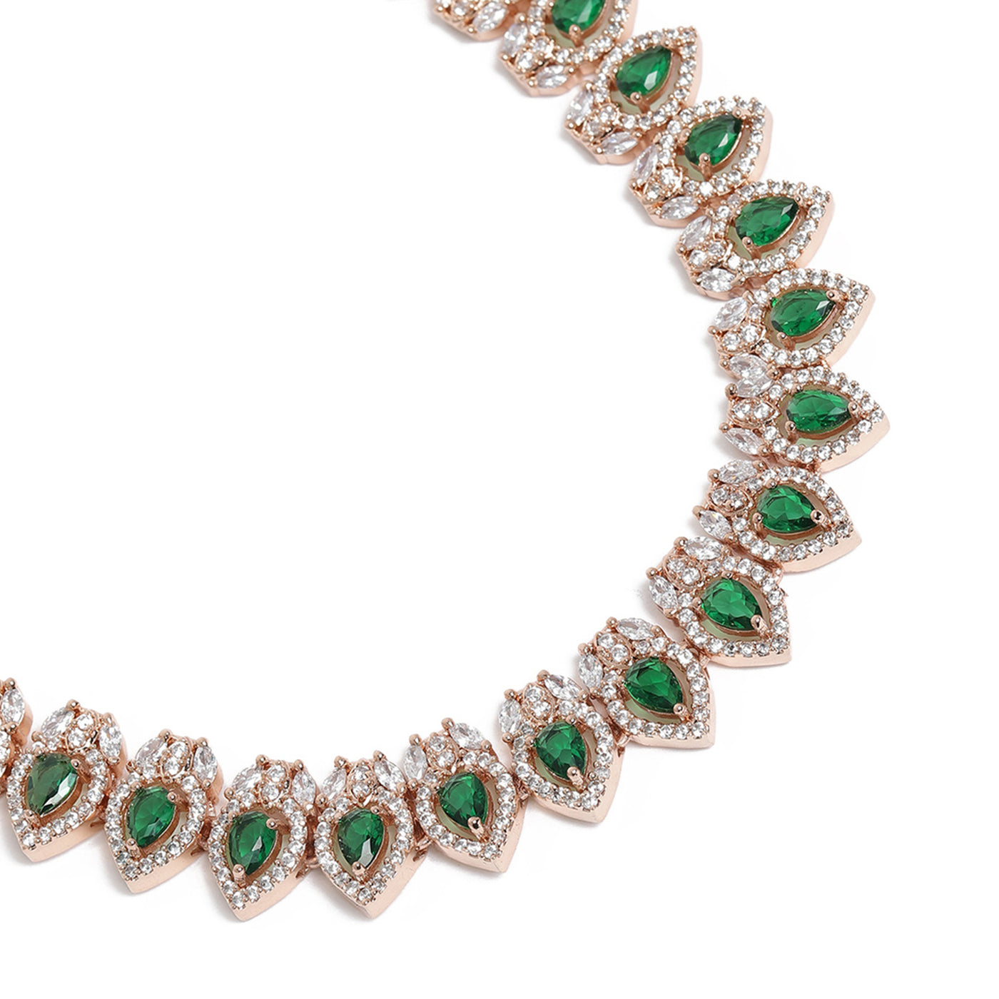 Estele Rose Gold Plated CZ Classic Pear Designer Necklace Set with Green Stones for Women