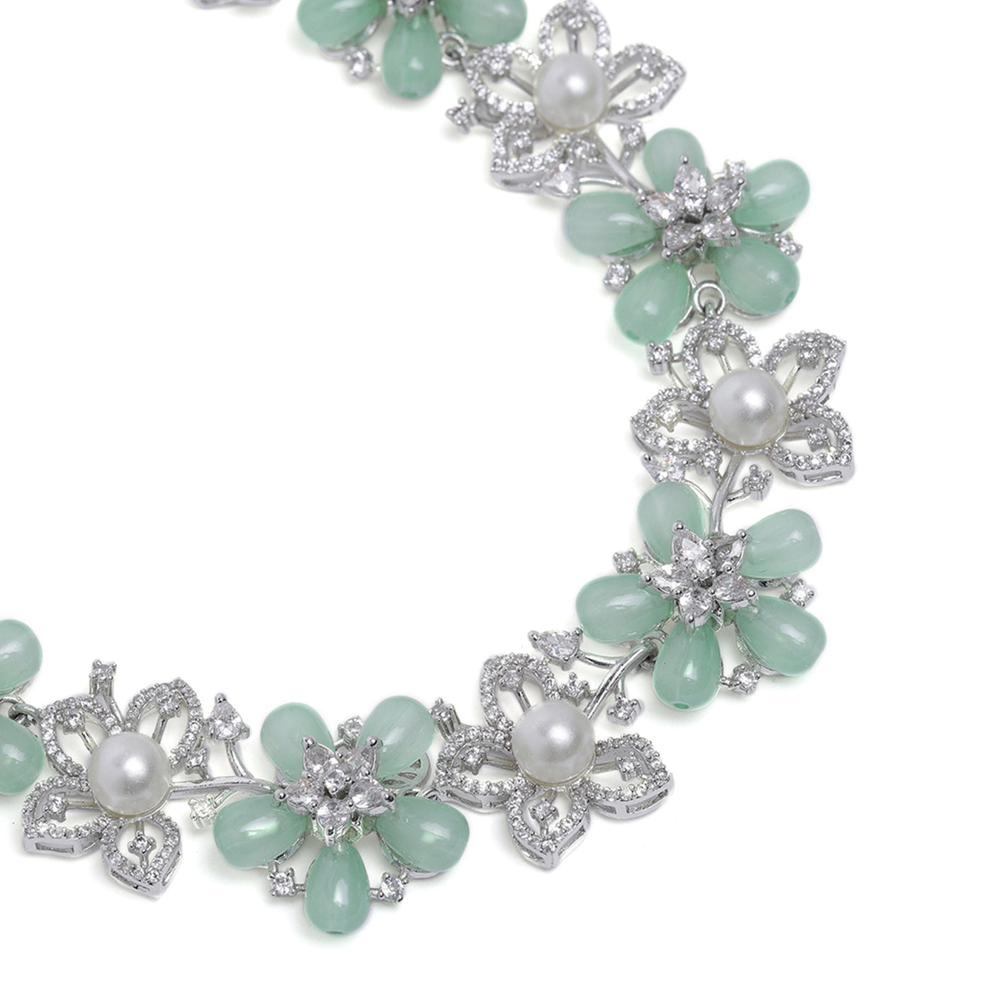 Estele Rhodium Plated CZ Dazzling Daisy Necklace Set with Mint Green Stones for Women