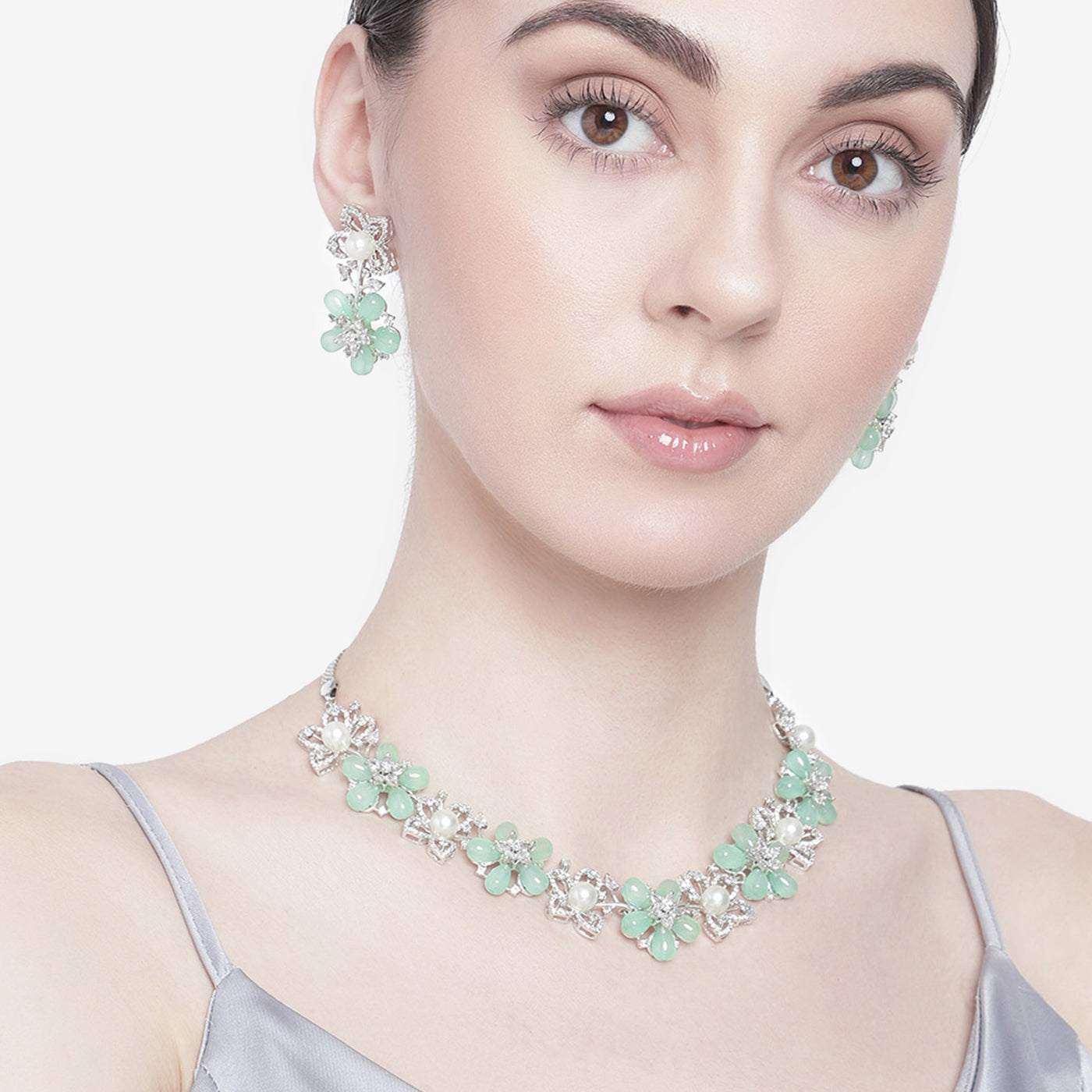 Estele Rhodium Plated CZ Dazzling Daisy Necklace Set with Mint Green Stones for Women