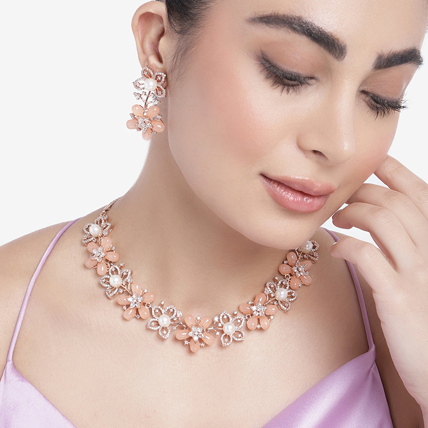 Estele Rose Gold Plated CZ Dazzling Daisy Necklace Set with Mint Orange Stones for Women