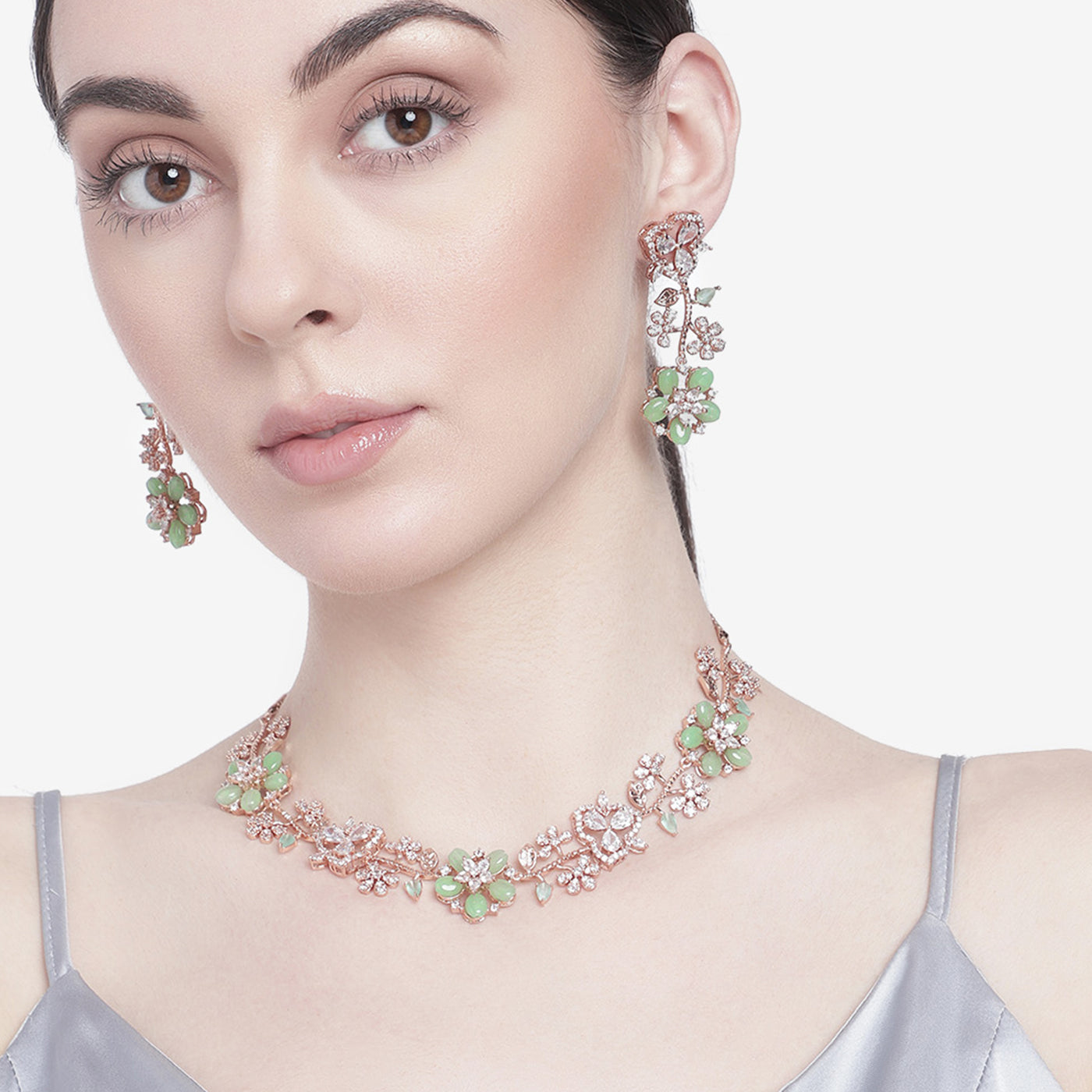 Estele Rose Gold Plated CZ Glamorous Floral Necklace Set with Mint Green Beads for Women