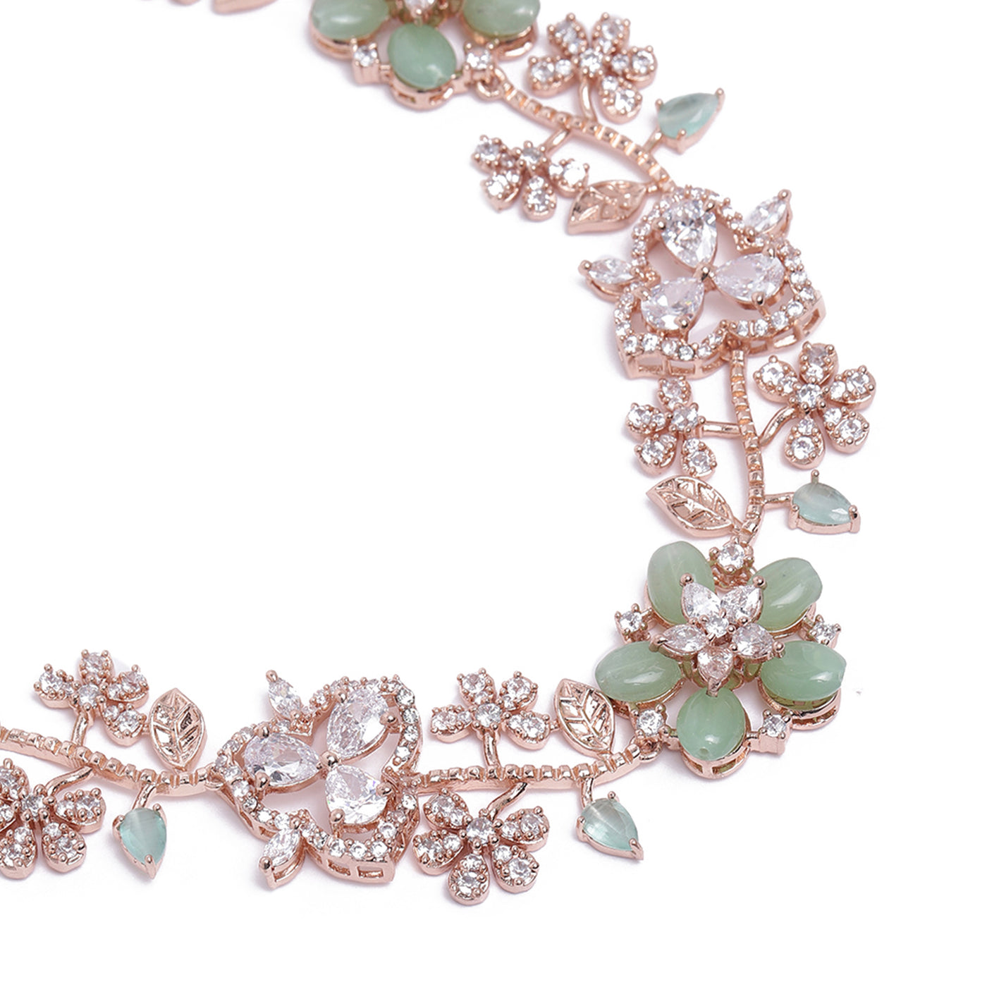 Estele Rose Gold Plated CZ Glamorous Floral Necklace Set with Mint Green Beads for Women