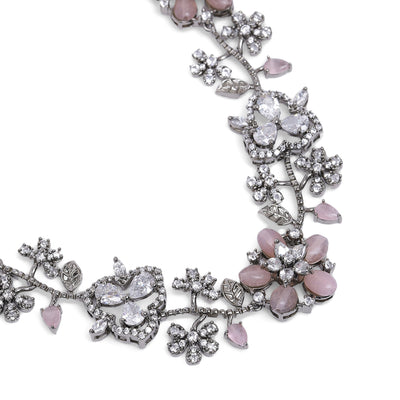 Estele Victorian Plated CZ Glamorous Floral Necklace Set with Mint Pink Beads for Women