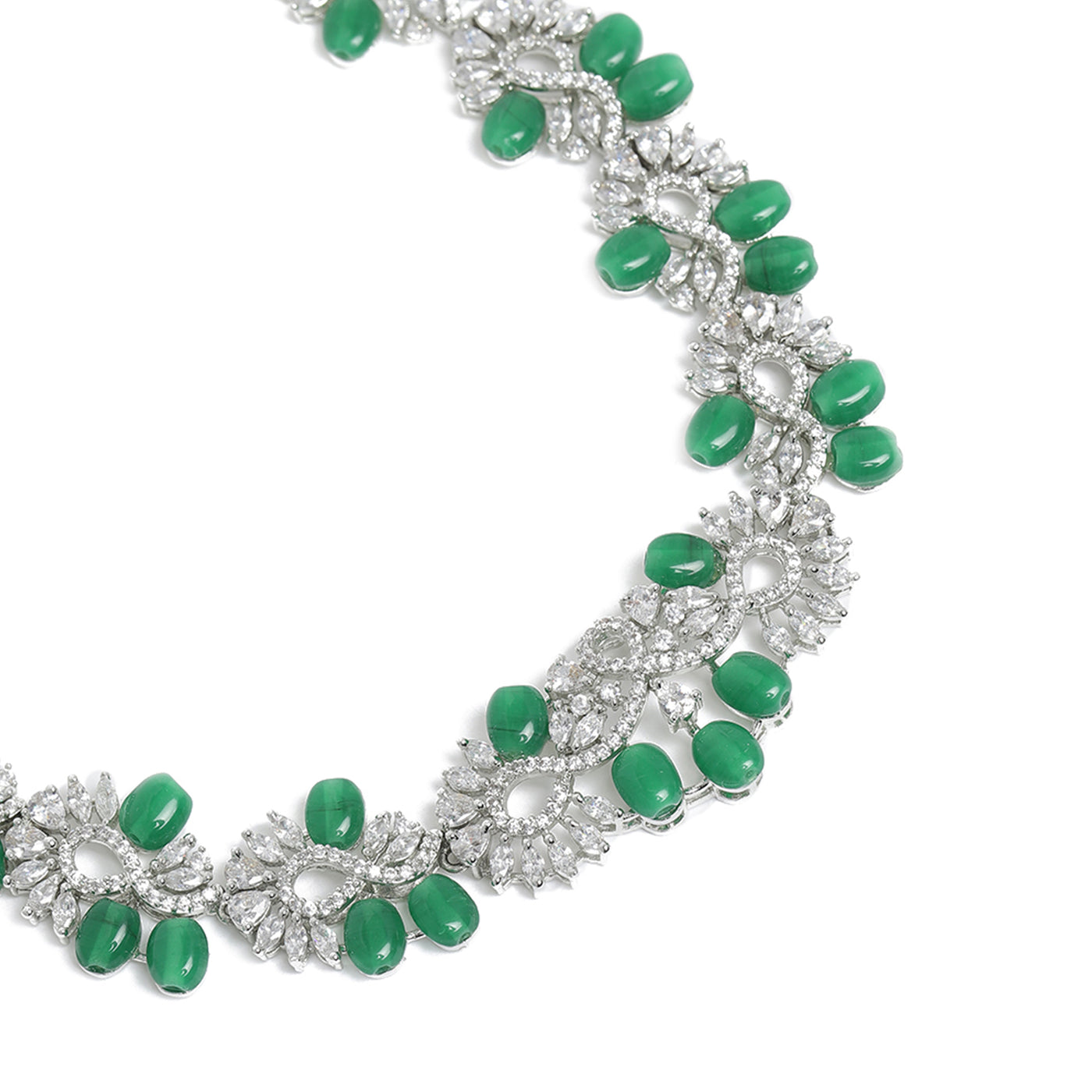 Estele Rhodium Plated CZ Glittering Necklace Set with Green Beads for Women