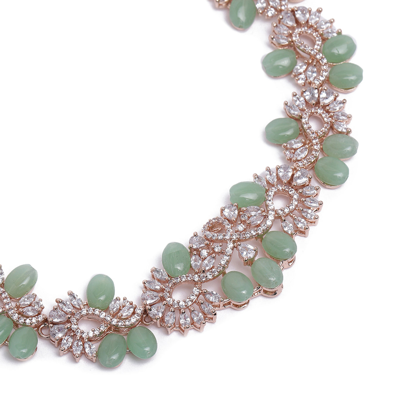 Estele Rose Gold Plated CZ Glittering Necklace Set with Mint Green Beads for Women