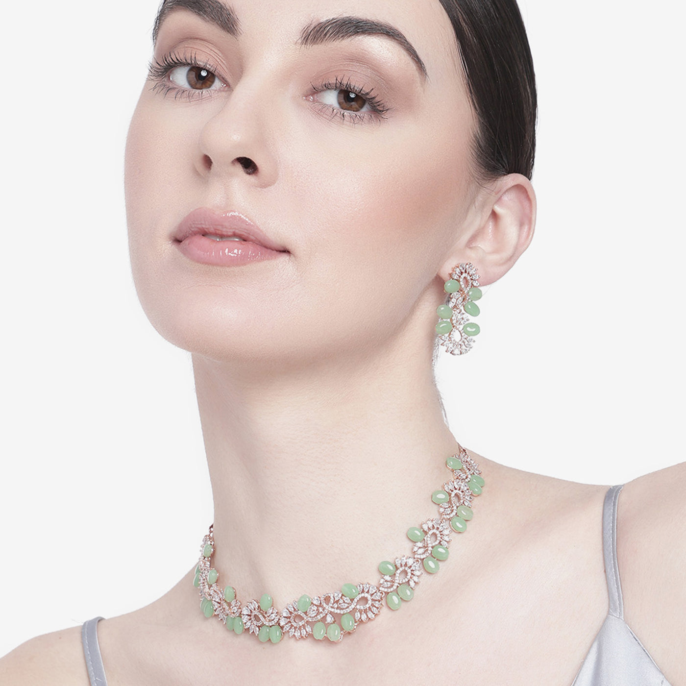 Estele Rose Gold Plated CZ Glittering Necklace Set with Mint Green Beads for Women