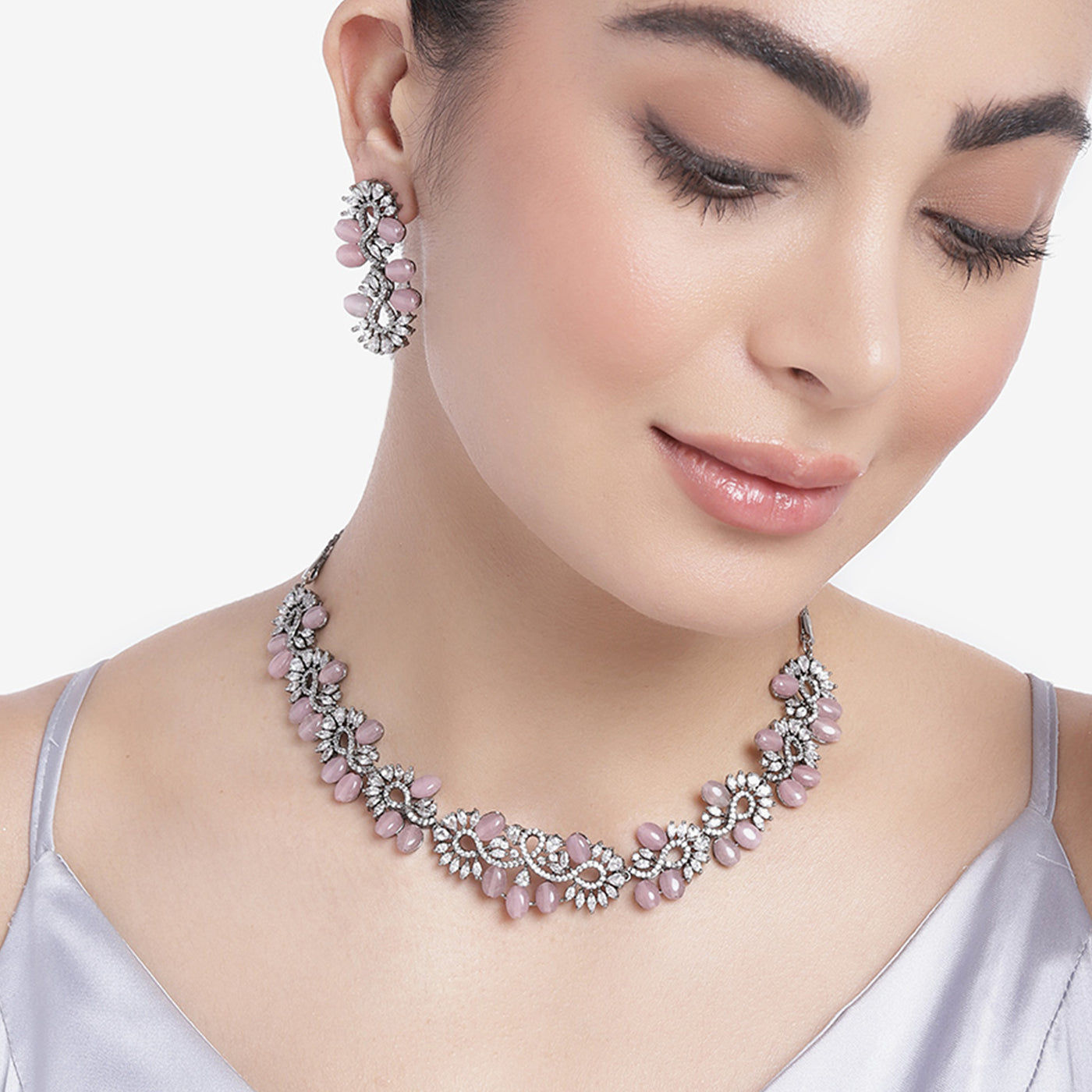 Estele Victorian Plated CZ Glittering Necklace Set with Mint Pink Beads for Women