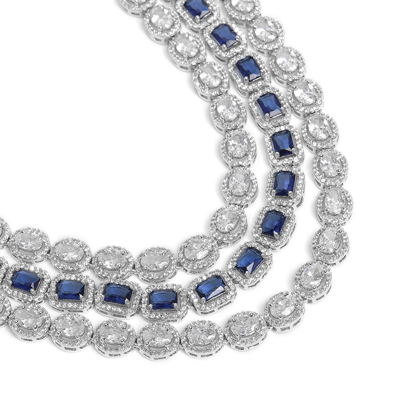 Estele Rhodium Plated CZ Spectacular Three Line Necklace Set with Blue Stones for Women