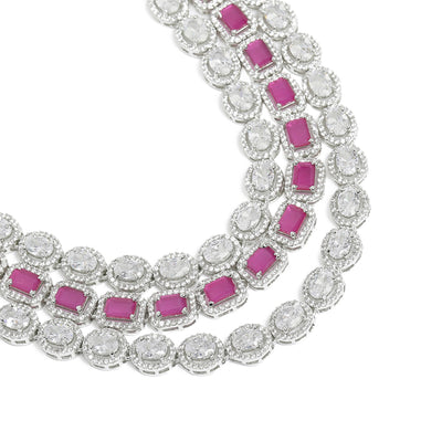 Estele Rhodium Plated CZ Spectacular Three Line Necklace Set with Ruby Stones for Women