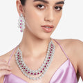 Estele Rhodium Plated CZ Spectacular Three Line Necklace Set with Ruby Stones for Women