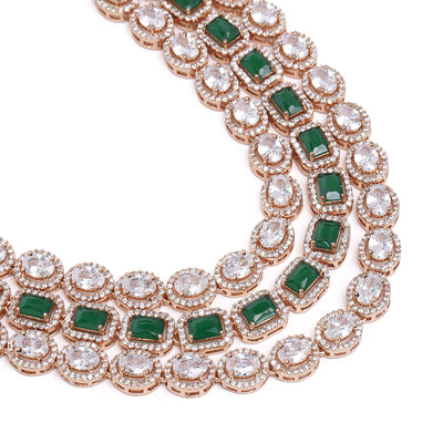 Estele Rose Gold Plated CZ Spectacular Triple Line Necklace Set with Green Stones for Women