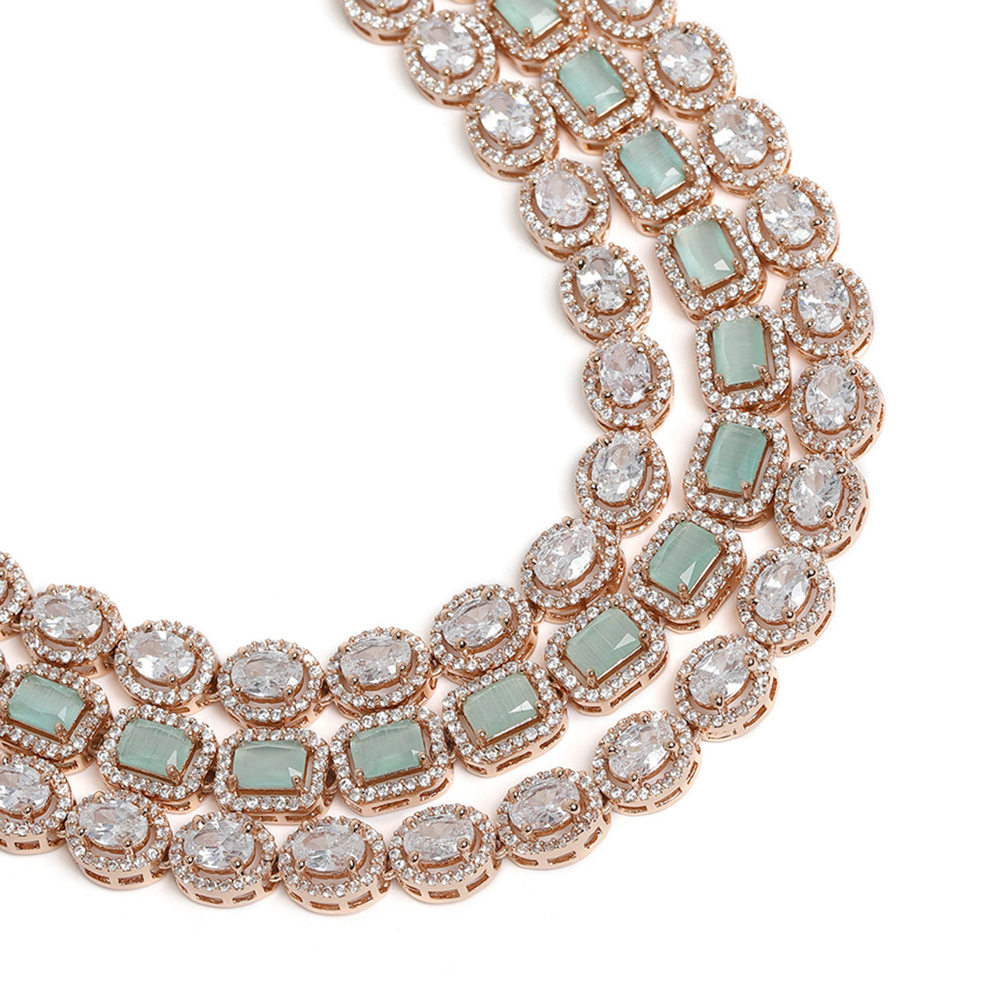 Estele Rose Gold Plated CZ Spectacular Triple Line Necklace Set with Mint Green Stones for Women