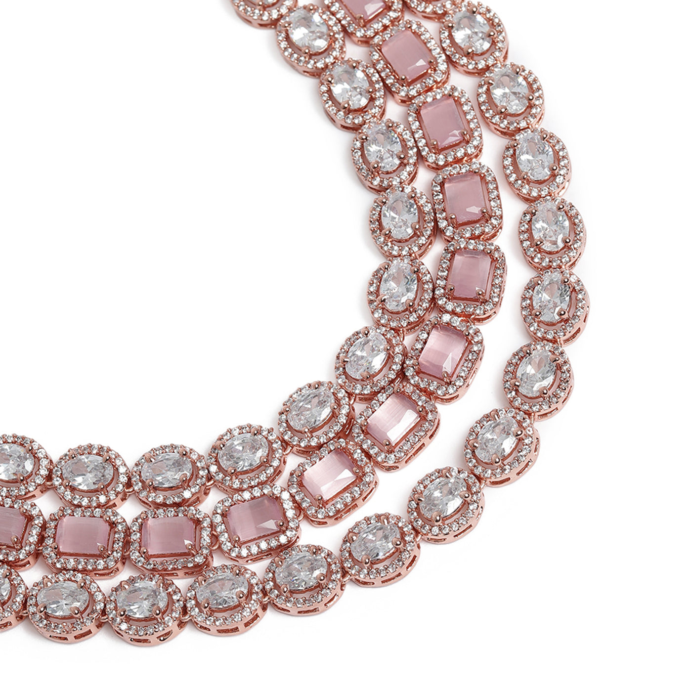 Estele Rose Gold Plated CZ Spectacular Three Line Necklace Set with Mint Pink Stones for Women