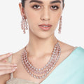 Estele Rose Gold Plated CZ Spectacular Three Line Necklace Set with Mint Pink Stones for Women