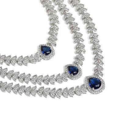 Estele Rhodium Plated CZ Magnificent Three Line Necklace Set with Blue Stones for Women